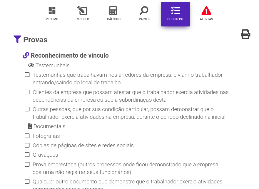 Exemplo checklist para reclamação trabalhista