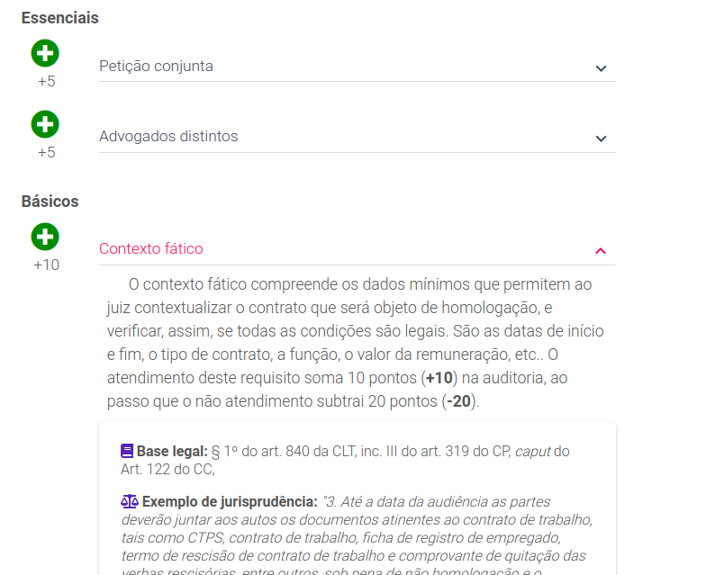 Painel de resultado da Auditoria de Requisitos do acordo extrajudicial trabalhista