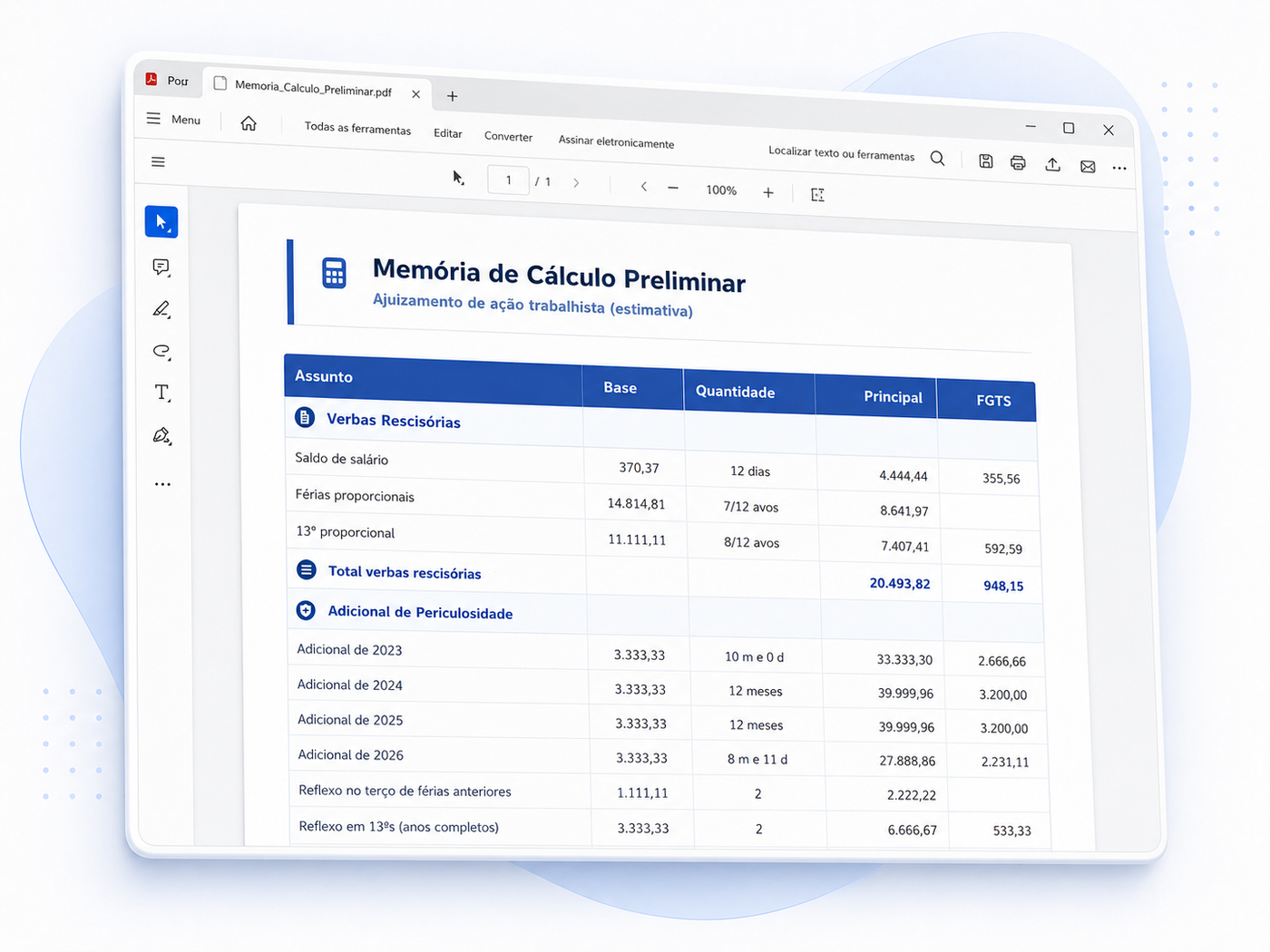 Memória de cálculo trabalhista em PDF com tabelas, verbas e totalização do valor estimado da ação