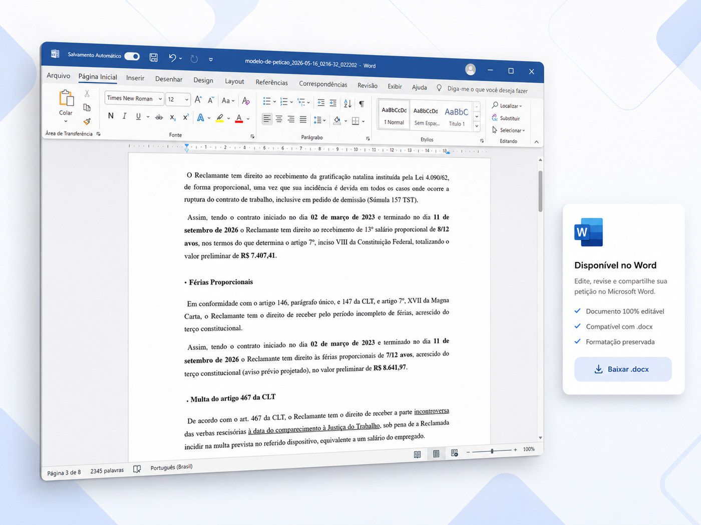 Modelo de petição trabalhista aberto no Microsoft Word em formato editável