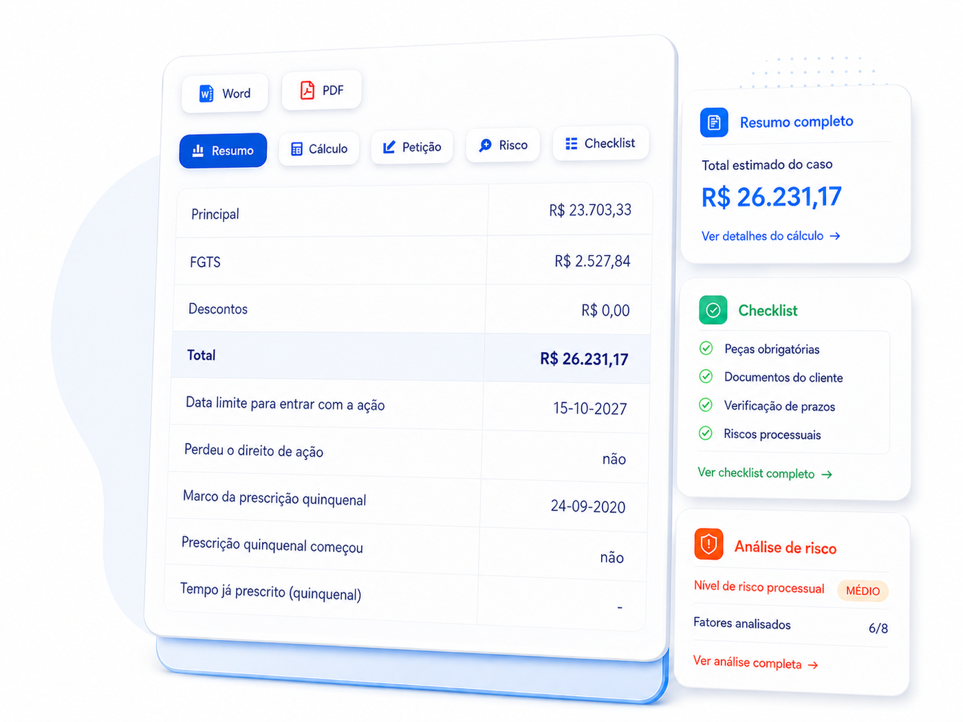 Interface do site Valor do Trabalho com resumo, checklist e análise de risco